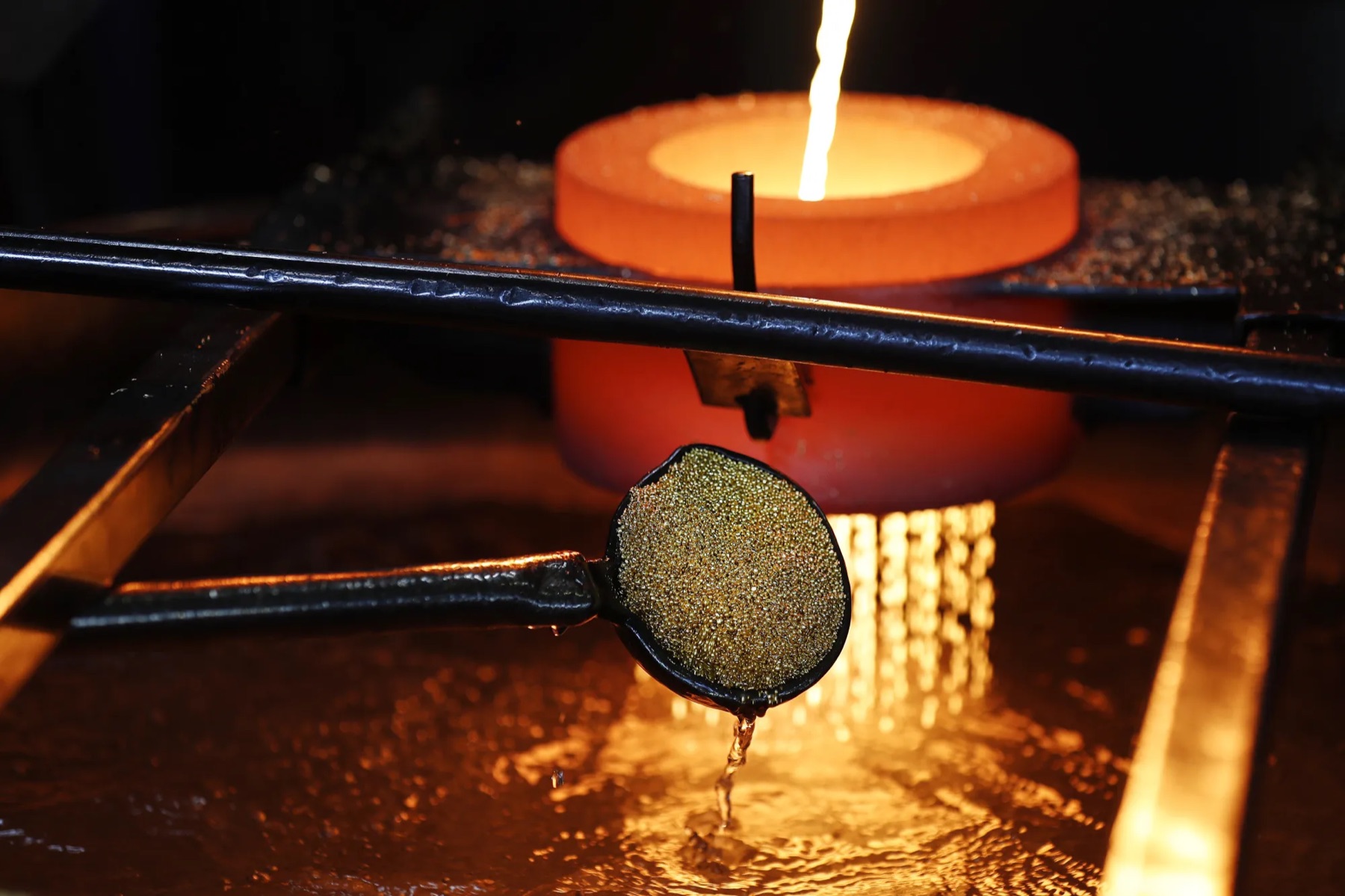Molten gold being prepared during refining